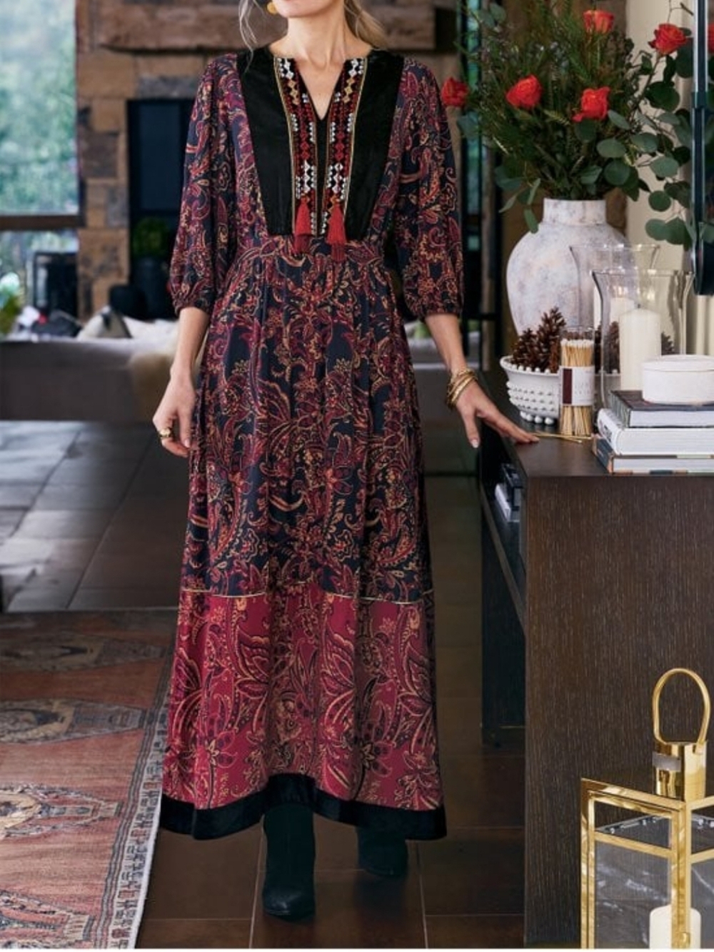 Soft Surroundings Paisley Boho Maxi Dress Size M Embroidered Tassel Velvet